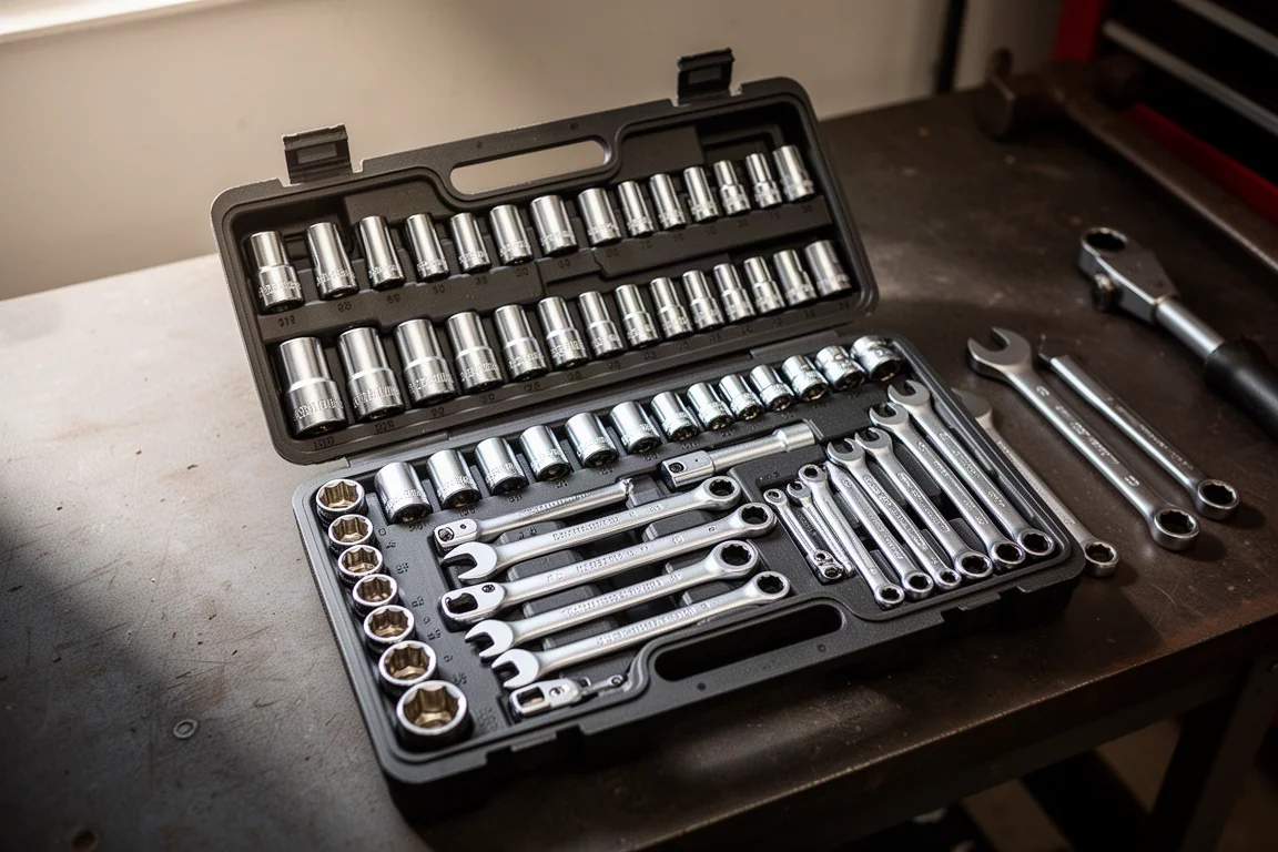 Open socket set drawer showing organized sockets and wrenches
