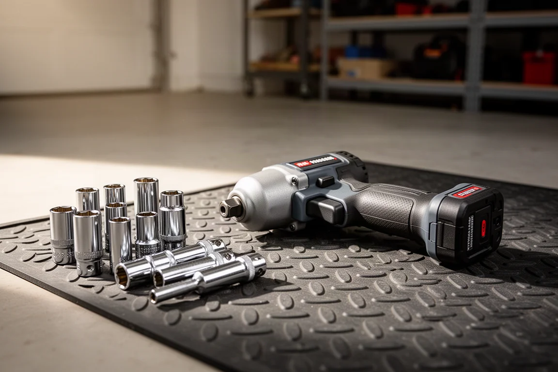 Compact cordless impact wrench resting on a workshop bench with sockets