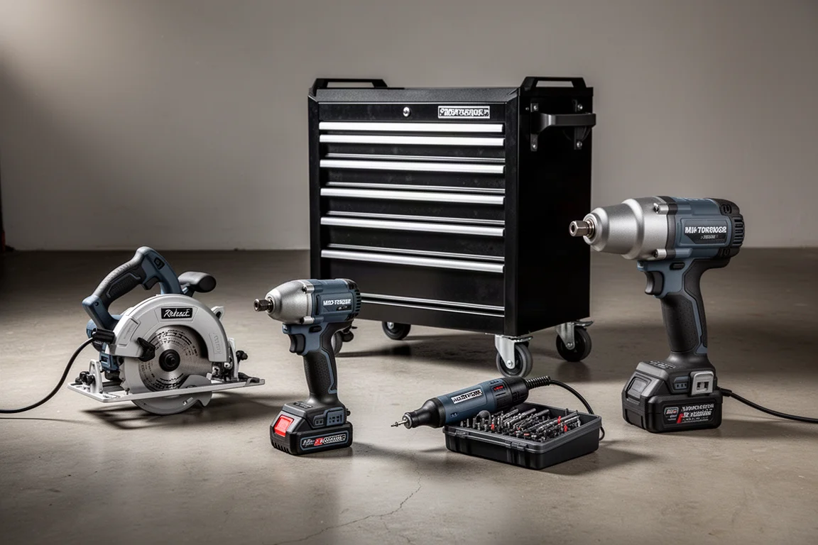 Five workshop tools including a circular saw, impact wrenches, mechanics cart, and rotary tool on concrete