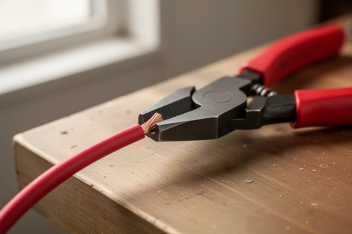 Une pince à dénuder serrant un fil électrique isolé sur un établi en bois