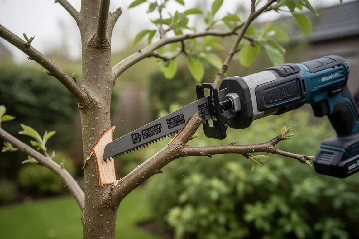 Une scie sabre compacte taillant une petite branche d'arbre dans un jardin