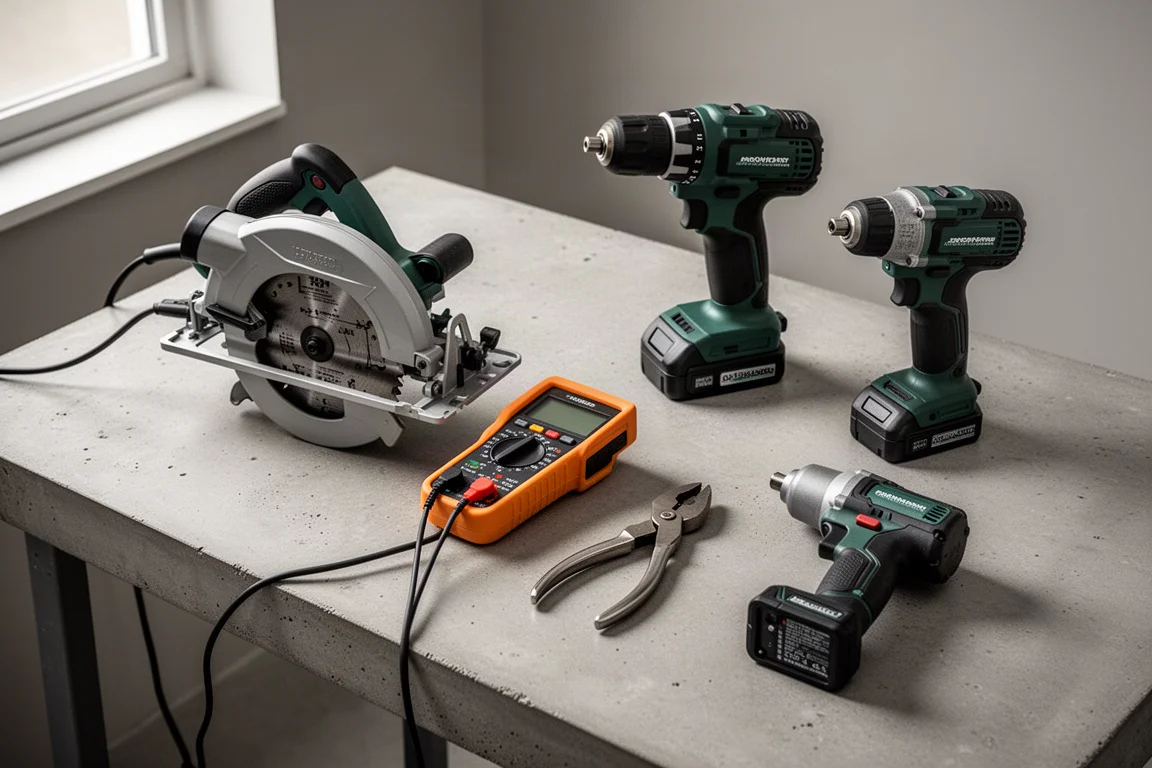 Workshop tools including a circular saw, clamp meter, and wire strippers laid out on a concrete workbench