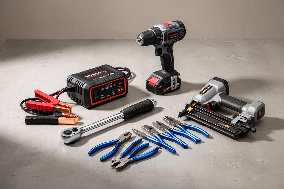 Flat-lay of jump starter, drill, ratchet, pliers, and nailer on concrete