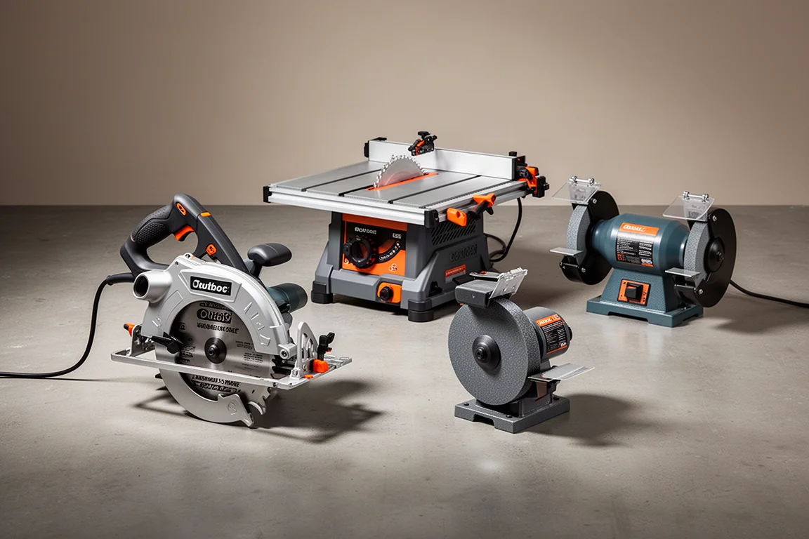 Circular saw, table saw, and bench grinder arranged on a concrete workshop floor