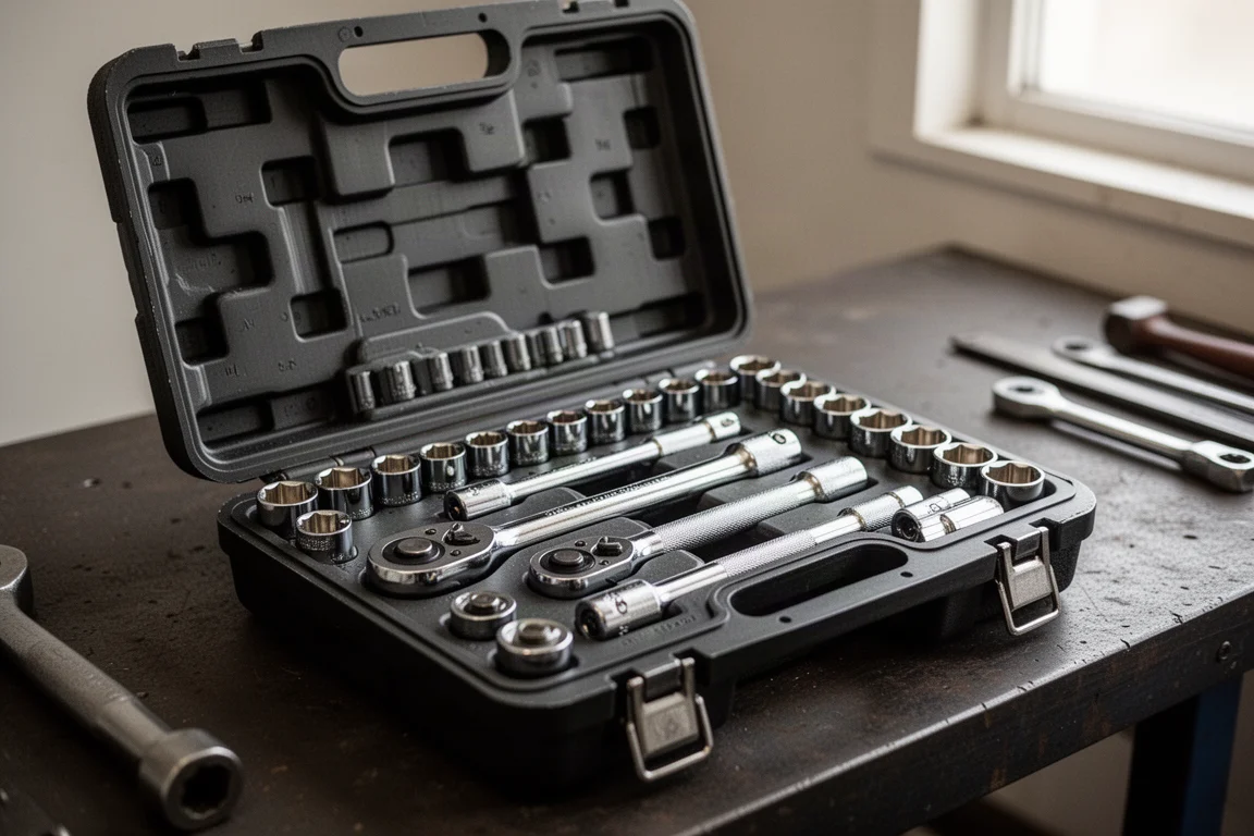 Open socket and ratchet set laid out on a workshop bench