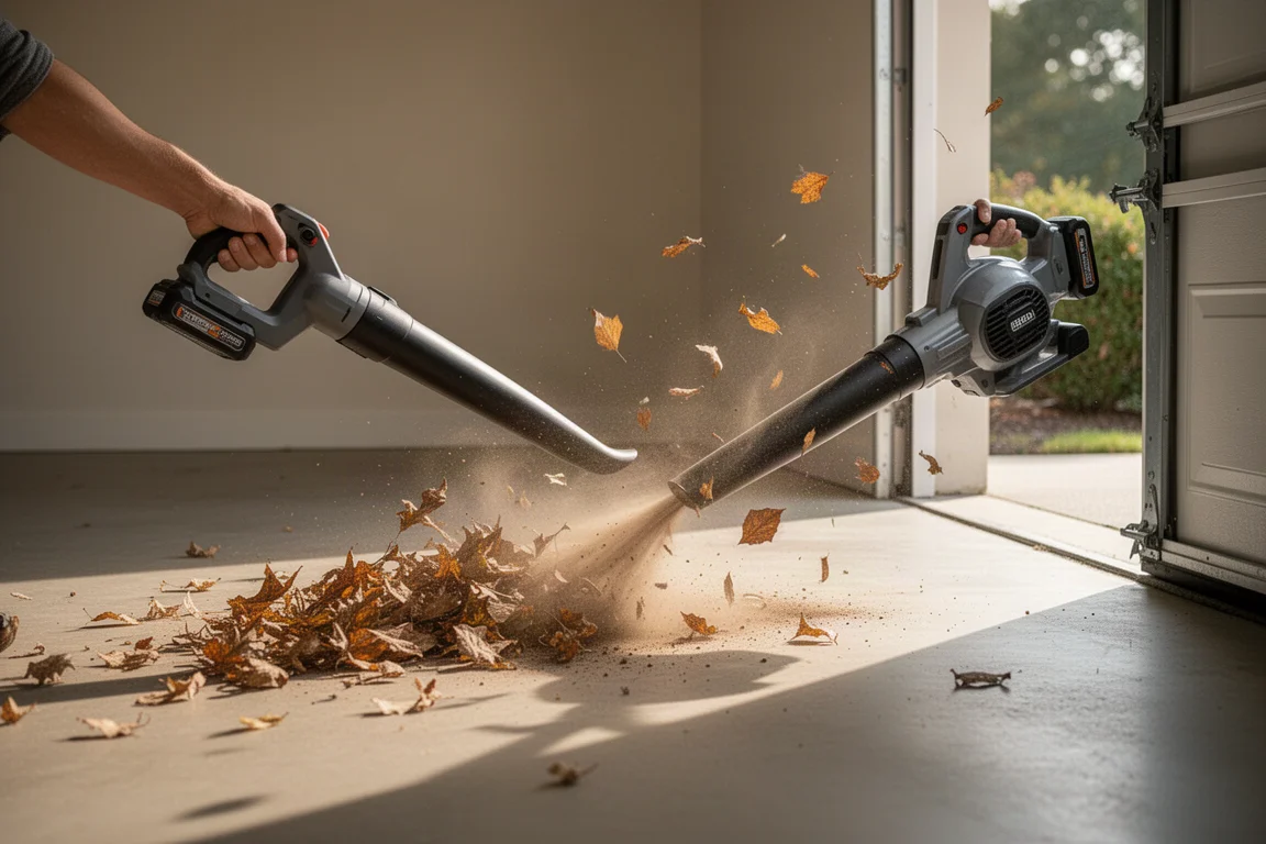 Cordless blower clearing dry leaves from a garage floor