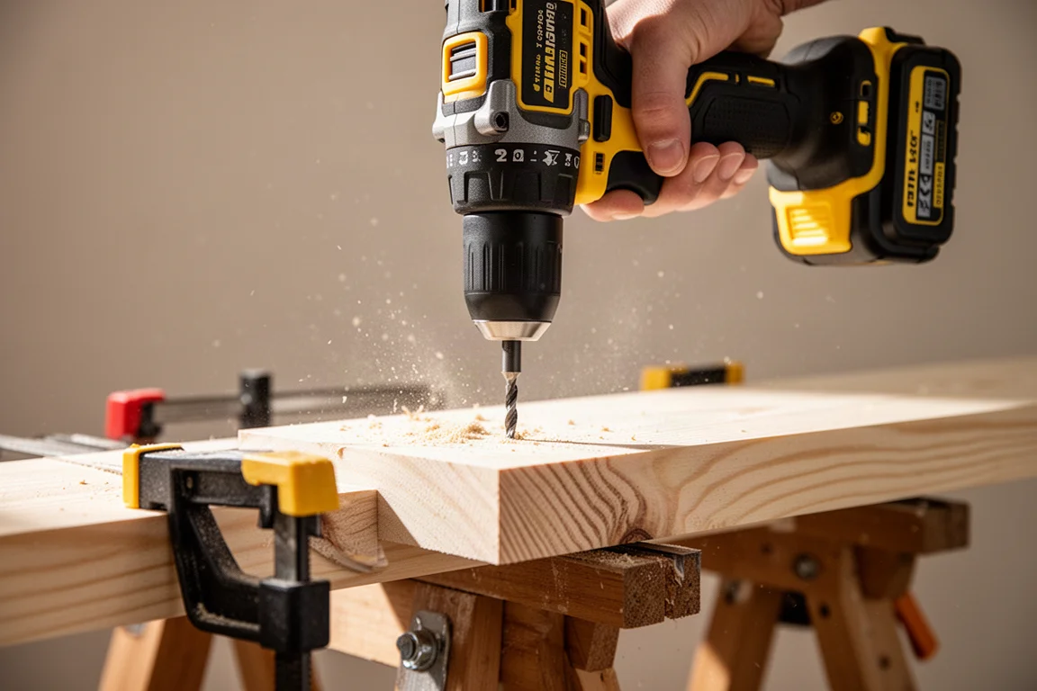 Cordless impact driver driving a fastener into a timber workpiece