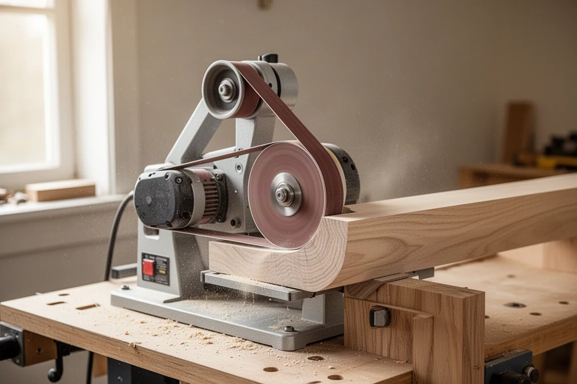 Benchtop oscillating sander smoothing a curved wooden edge