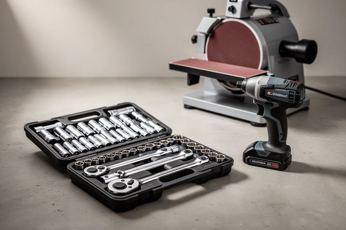 Workshop tools including sockets, impact driver, and sander arranged on concrete