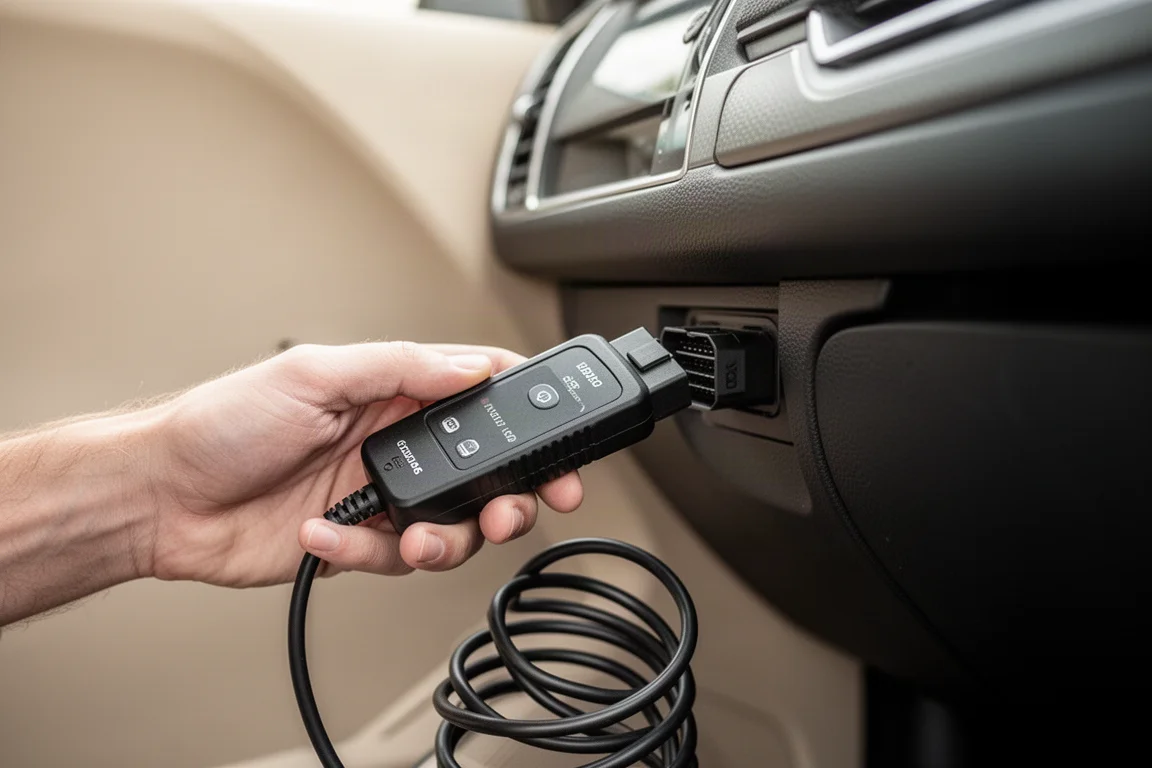 Driver plugging a small diagnostic scanner into a car's OBD2 port under the dash