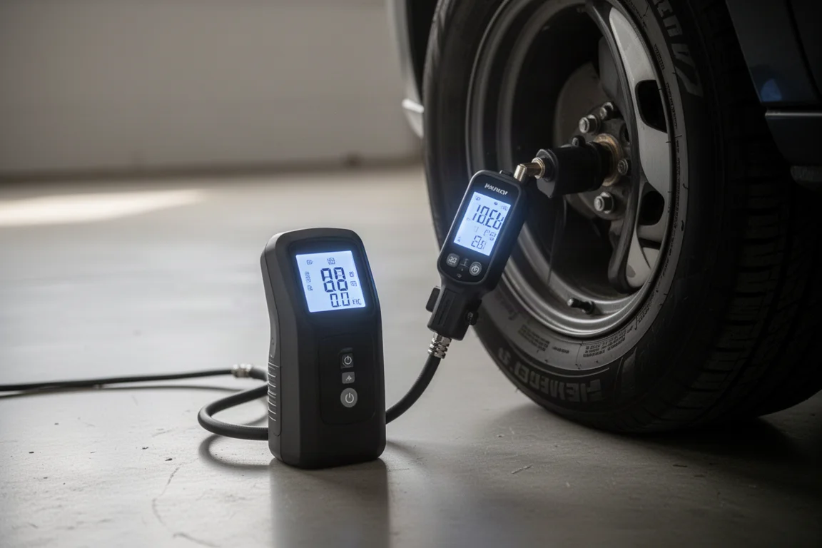 Digital tire inflator with large readout connected to a car tire valve