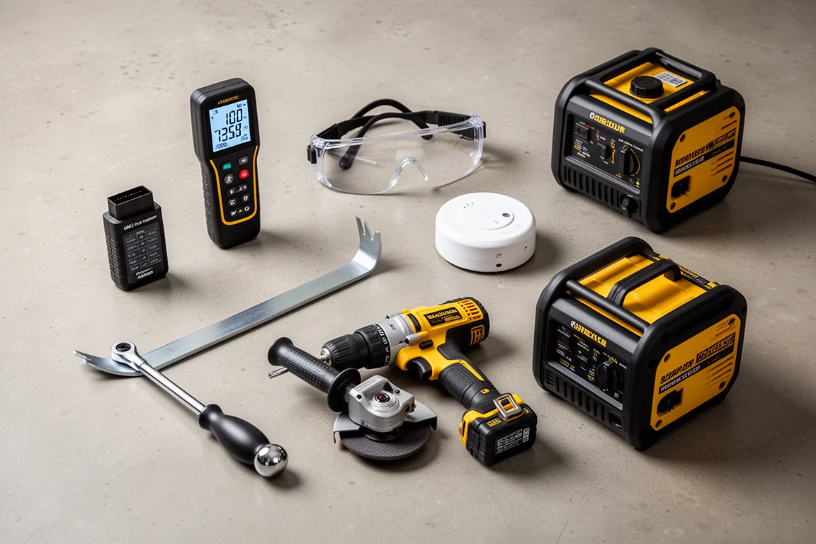 Workshop tools including a scanner, tire inflator, goggles, pry bar, drill and generator arranged on concrete