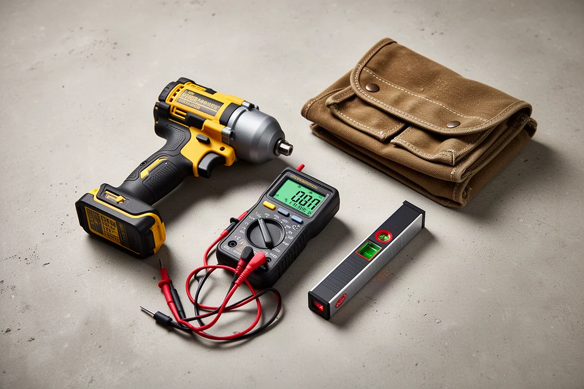 Flat-lay of a cordless impact wrench, multimeter, laser measurer and tool pouch on concrete