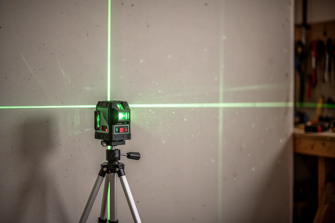 Líneas de un nivel láser verde proyectadas sobre la pared de un taller
