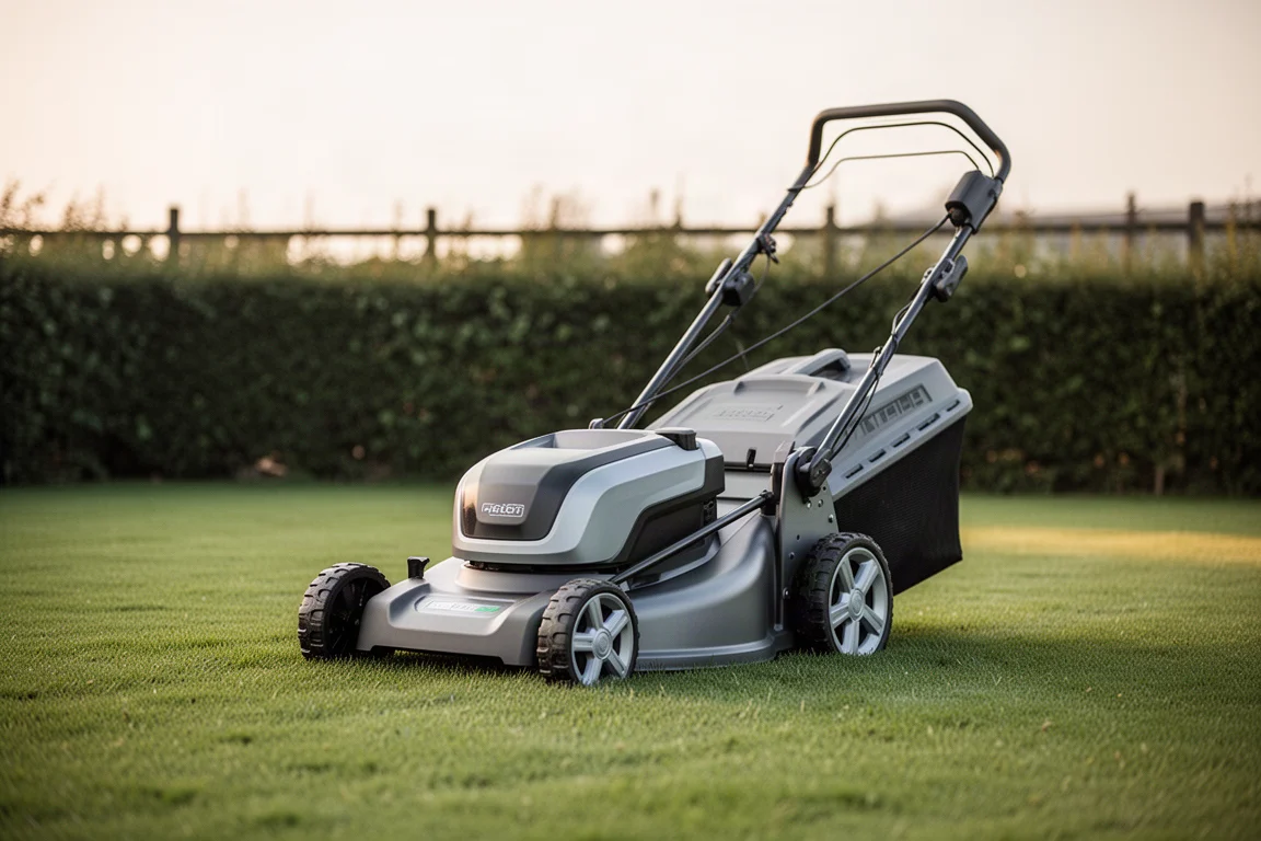 Cortacésped eléctrico de tracción sobre un césped verde a luz suave