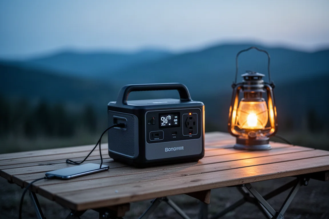 Central eléctrica portátil cargando dispositivos sobre una mesa de campamento al aire libre