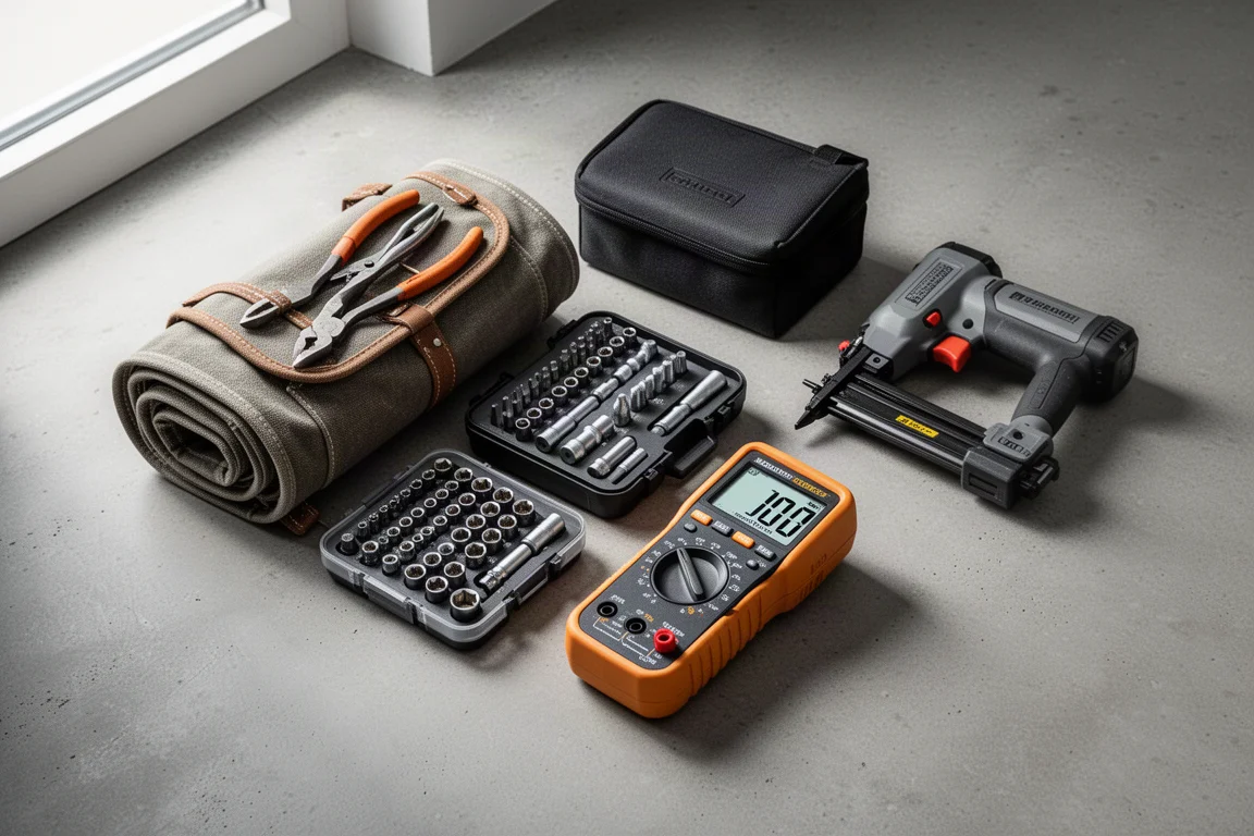 Workshop tools including pliers bag, socket case, multimeter, and nailer arranged on concrete
