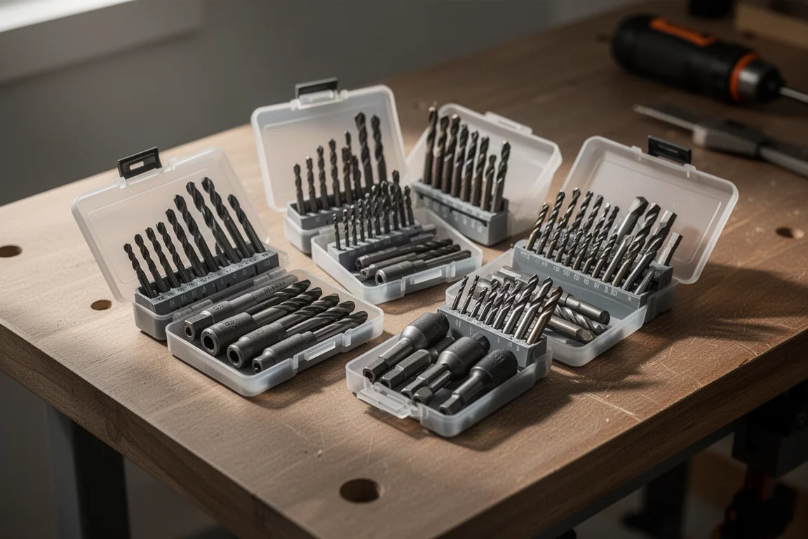 Verschiedene Bohr- und Impact-Bits in einem kleinen Organizer-Kasten auf einer Werkbank arrangiert