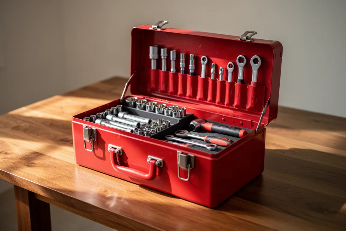 Roter Metall-Kasten eines Mechaniker-Werkzeugsets mit ausgelegten Stecknuss-Einsätzen auf einem Tisch