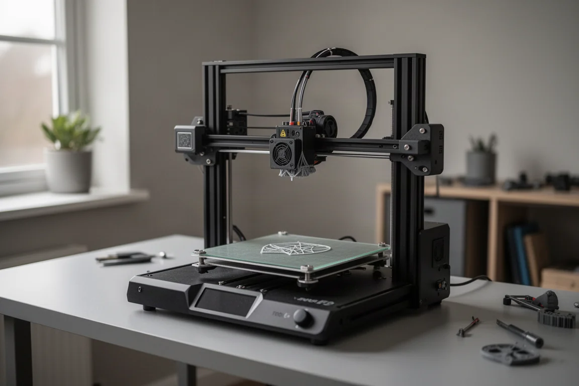 FDM-3D-Drucker mitten im Druck in einer aufgeräumten Heimwerkstatt bei sanftem Fensterlicht