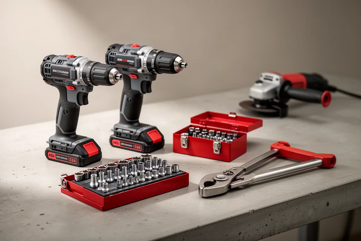 Workshop tool arrangement with drill, impact driver, socket set box, and pliers on concrete