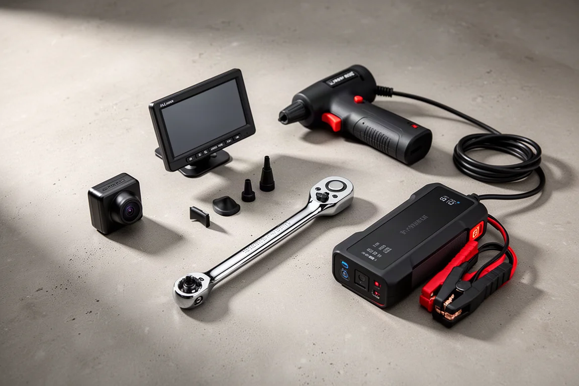 Workshop gear flat-lay with backup camera monitor, air duster, ratchet, and jump starter
