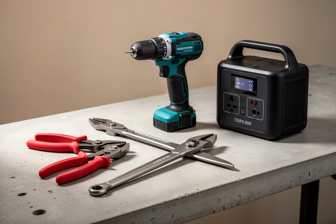 Workshop tools including a drill, wrenches, pliers, and laser level arranged on a concrete workbench