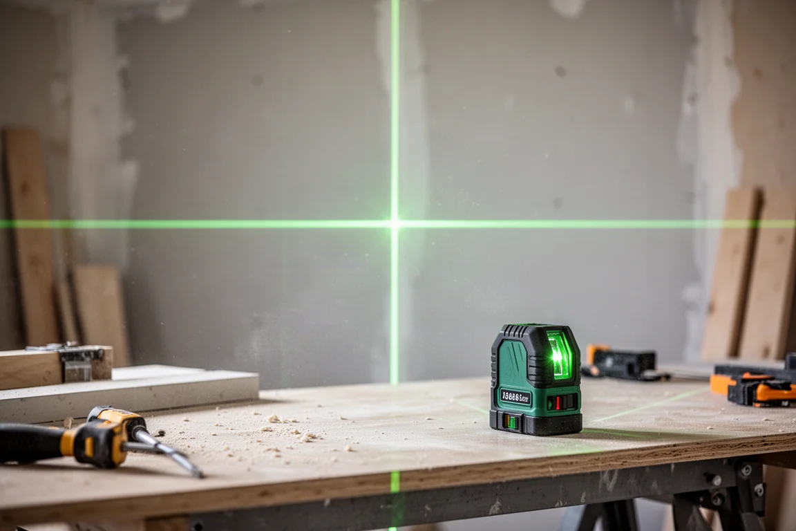 Laser à croix verte projetant des lignes horizontales et verticales lumineuses sur un mur d'atelier