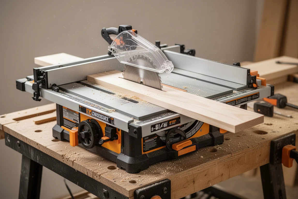 Scie à table de chantier compacte coupant une planche dans un petit atelier