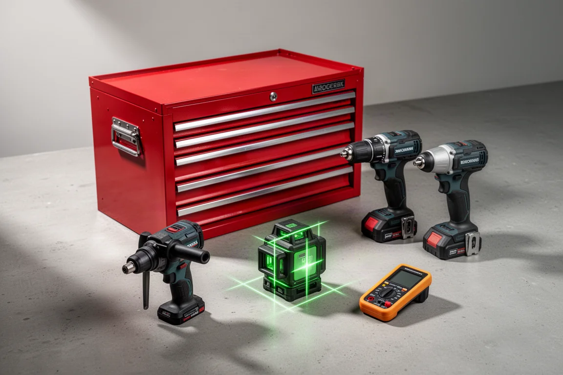 Workshop tools including a tool chest, cordless drills, laser level and multimeter arranged on concrete