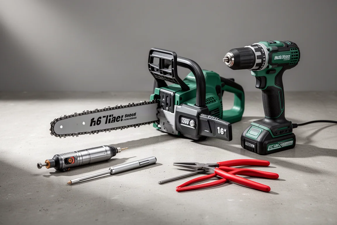 Workshop tools including a scanner, wrenches, socket set, jigsaw, and generator arranged on concrete