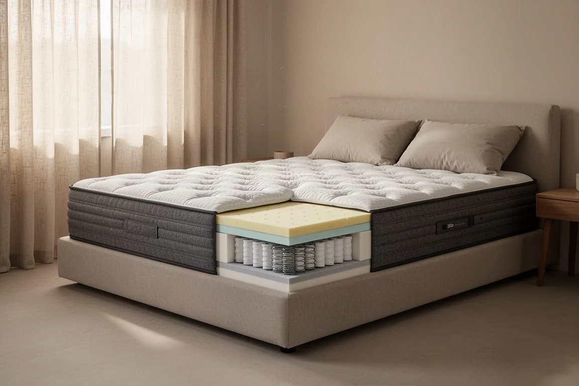 Letto rifatto con cura con un materasso ibrido a strati in una camera da letto luminosa
