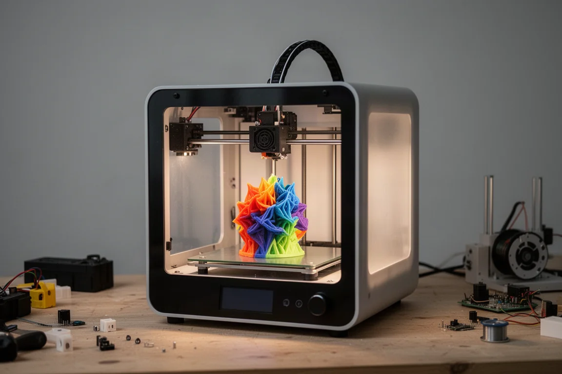 自宅の作業場で大型3Dプリンターがマルチカラーのパーツを造形している様子