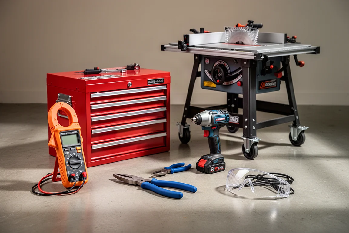 コンクリートの床にクランプメーター、工具箱、テーブルソーなど作業場の工具が並べられている様子