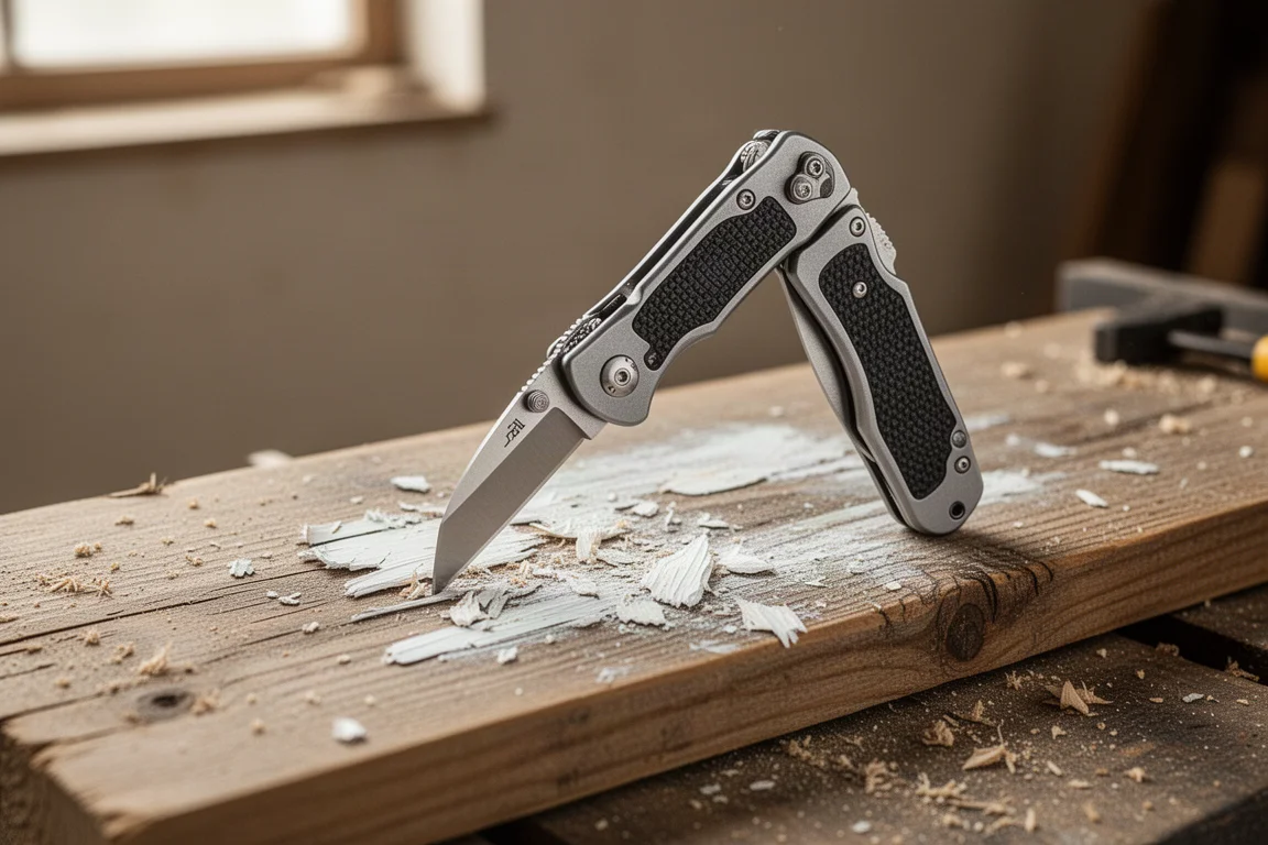 Cutter pieghevole su un banco di lavoro che rimuove la vernice da una tavola di legno
