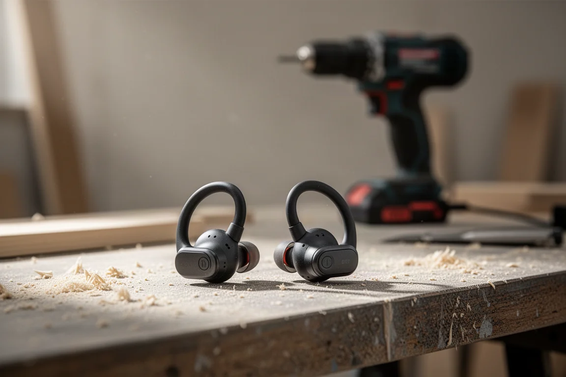 Cuffie wireless open-ear appoggiate su un banco di lavoro coperto di segatura