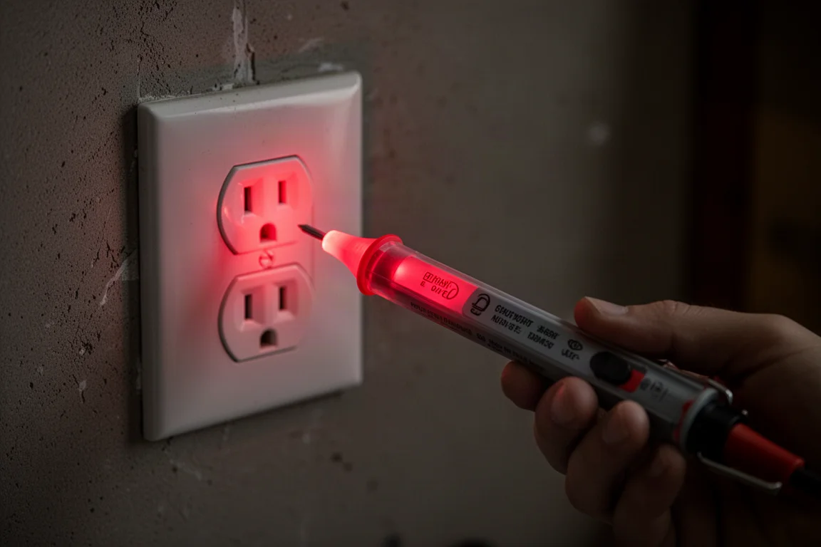 Tester di tensione non a contatto che si illumina di rosso vicino a una presa elettrica