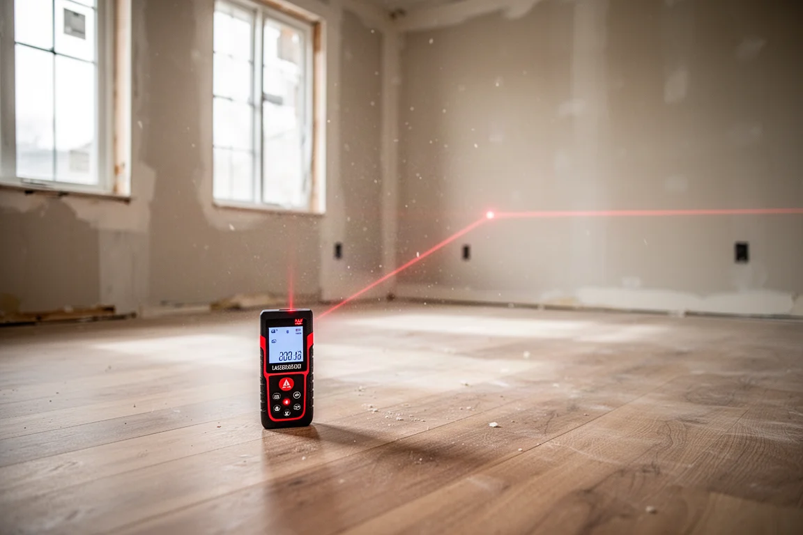 Misuratore laser di distanza che proietta un punto rosso attraverso una stanza ampia