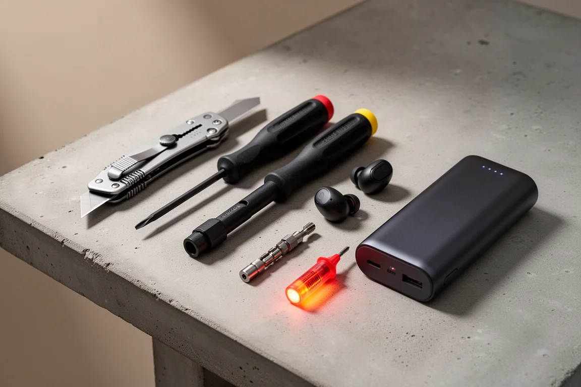 Assortment of compact tools including a utility knife, screwdrivers, earbuds, bit holder, voltage tester, and power bank on a workbench