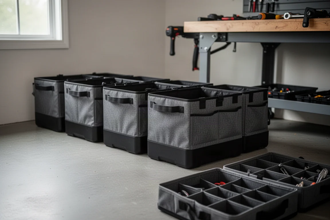 Stapelbares modulares Werkzeug-Lagerrsystem in einer Werkstatt angeordnet