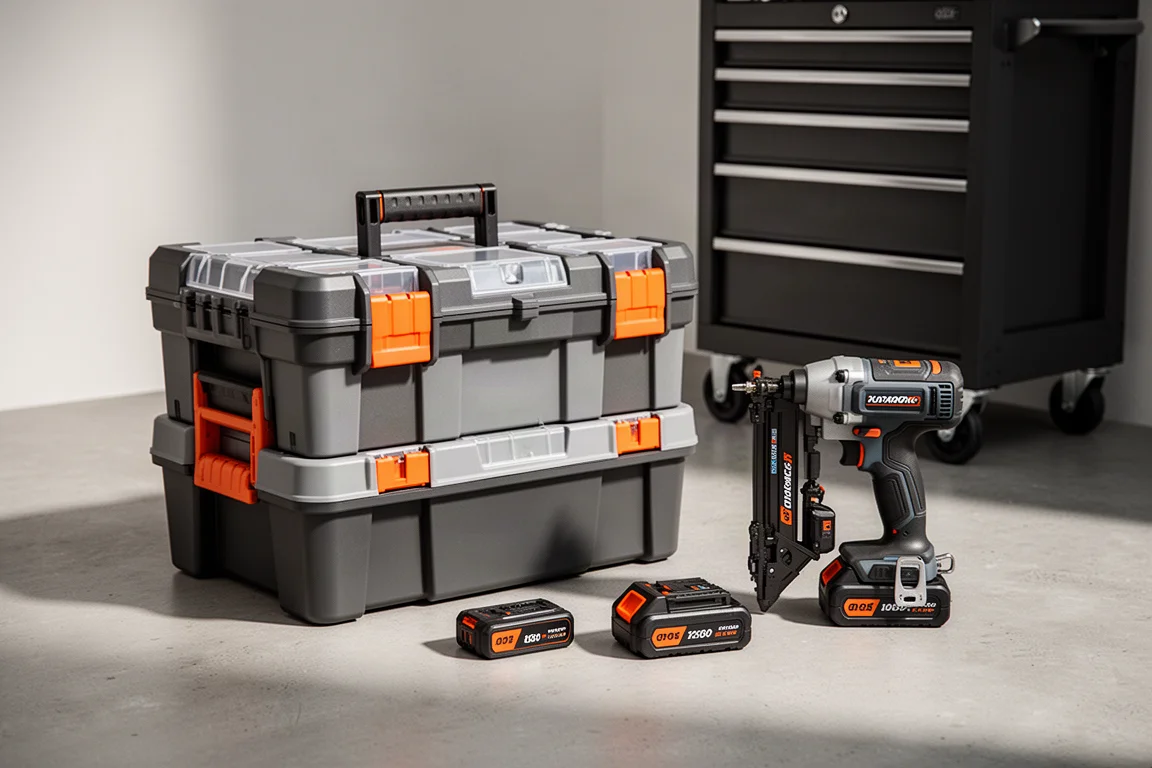 Cordless power tools, battery packs, and stackable tool storage arranged on a concrete surface