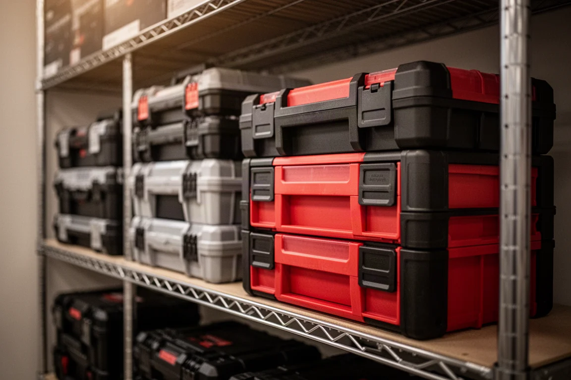 Stackable tool storage drawers on a store display shelf under retail lighting