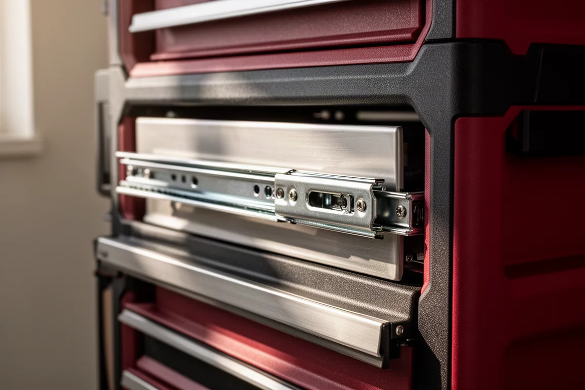 Close-up of metal drawer slides on a stackable tool storage unit