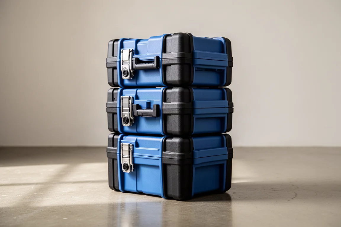 Stacked blue tool cases with an unusual side latch mechanism on a concrete floor