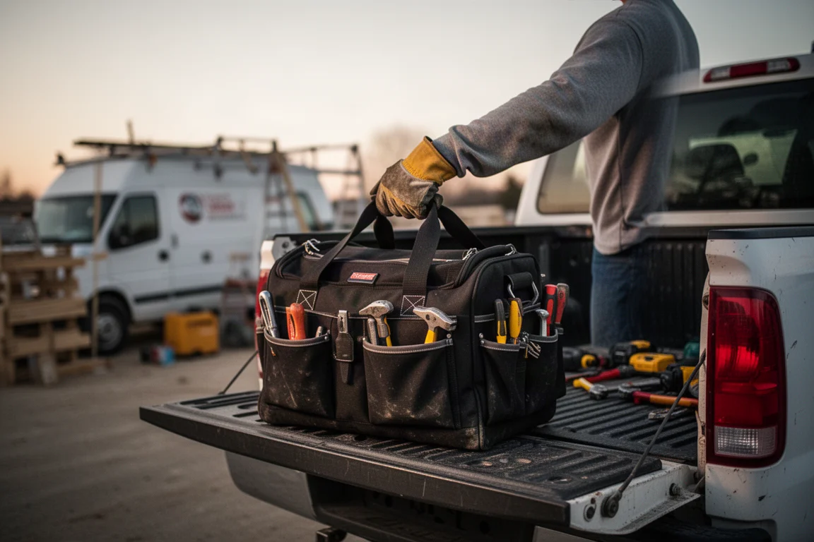 Contractor loading a large modular tool bag onto a work truck bed at dusk