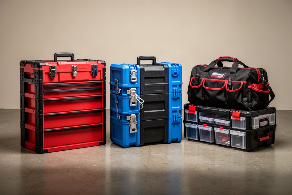 Three modular tool storage systems side by side on a concrete workshop floor
