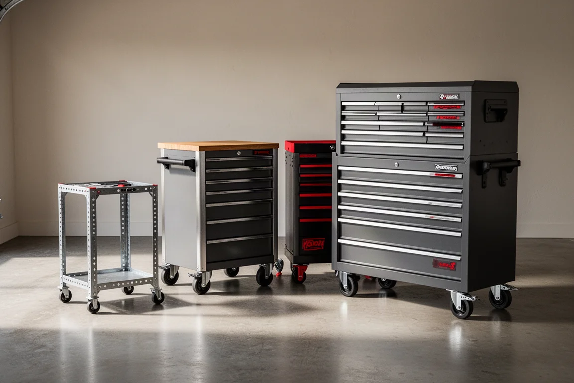 Row of tool cabinets from compact stand to large roller cabinet on concrete floor
