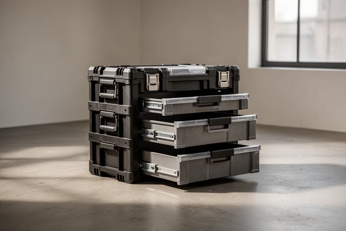 Cajas de herramientas modulares apilables colocadas en el suelo de un taller
