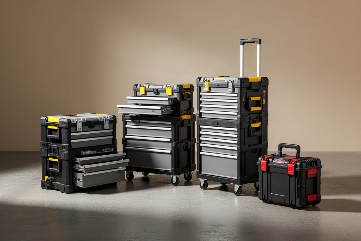 Modular tool storage boxes and a rolling tower arranged on a concrete workshop floor