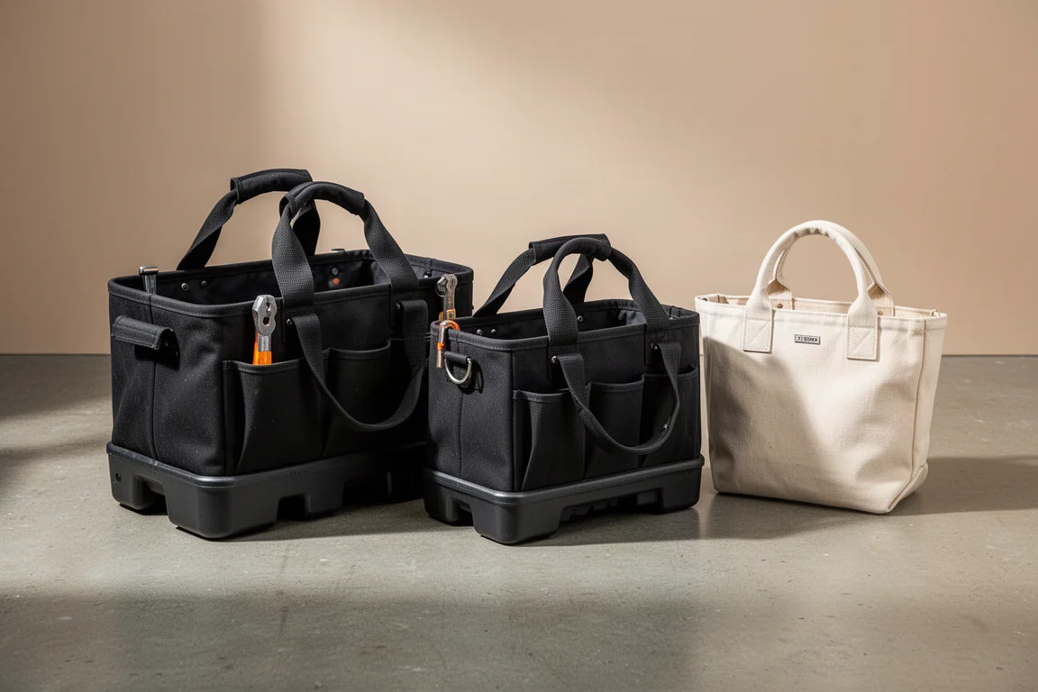 Three tool tote bags of different sizes lined up on a workshop floor